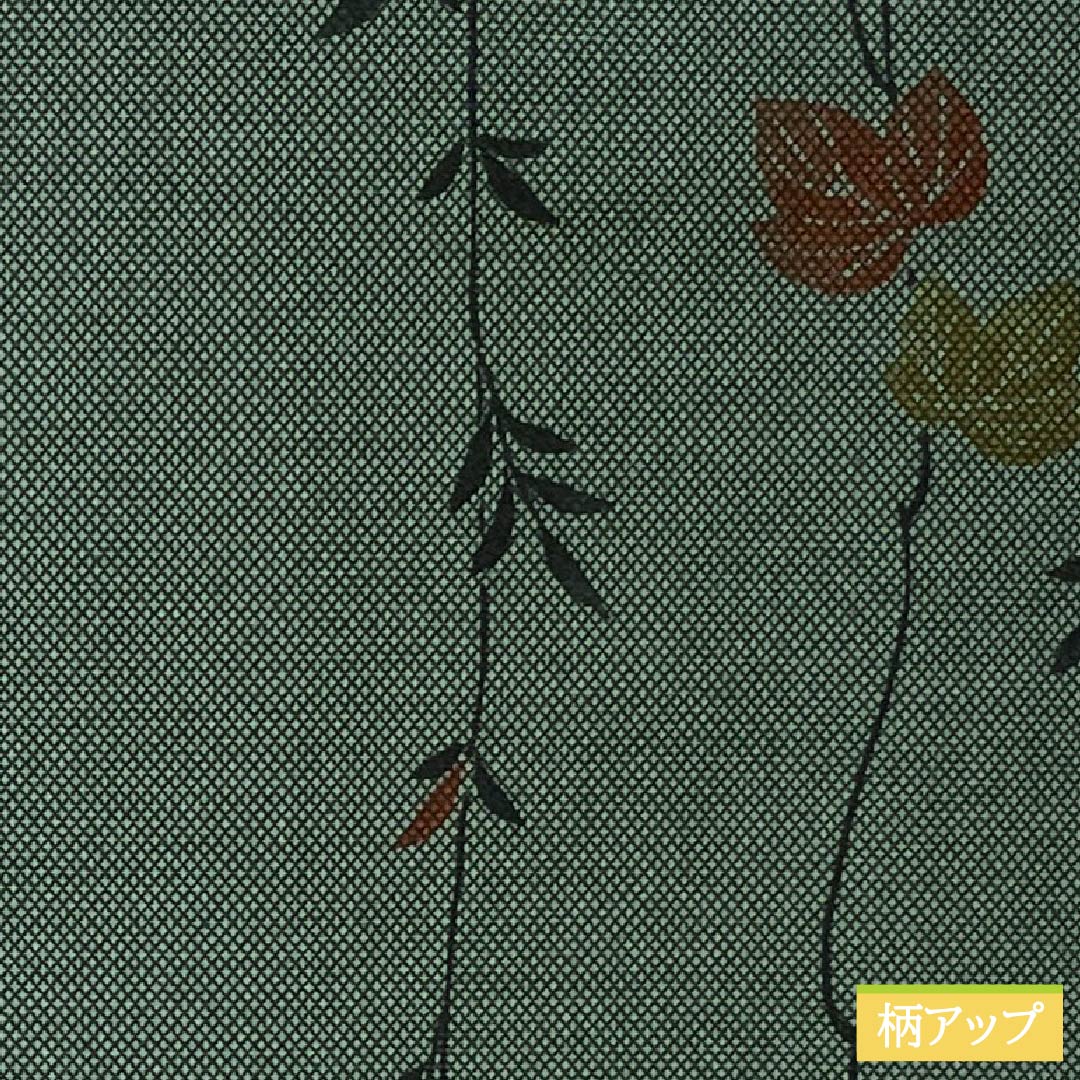 Komon Polyester S-rank length 164.5cm sleeve length 62cm unlined Shima-matsunezu-iro (dark gray with a hint of green) stenciled grass and leaves, with hip lining, green family 1115007992419