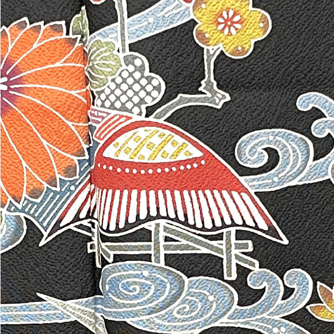 振袖 身丈158cm 裄丈66cm 袷 緋色 京紅型 松竹梅 菊 鳥 吉祥文様 正絹 Sランク 赤系 1113001602312