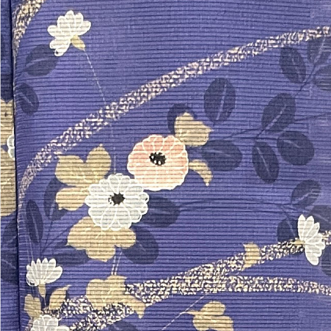 Summer kimono, polyester, small pattern, length 164cm, sleeve length 64cm, dark blue, chrysanthemum, bush clover, washable kimono, silk, S rank, blue, 1132001742417