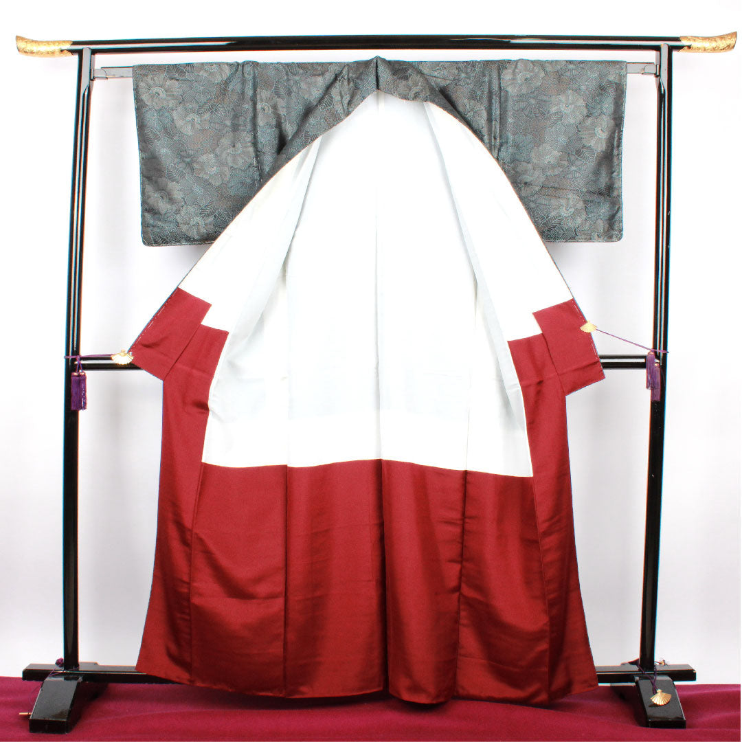 紬 正絹 身丈157.5cm 裄丈63cm お召 花模様 Aランク 袷 黒系 1116001703310