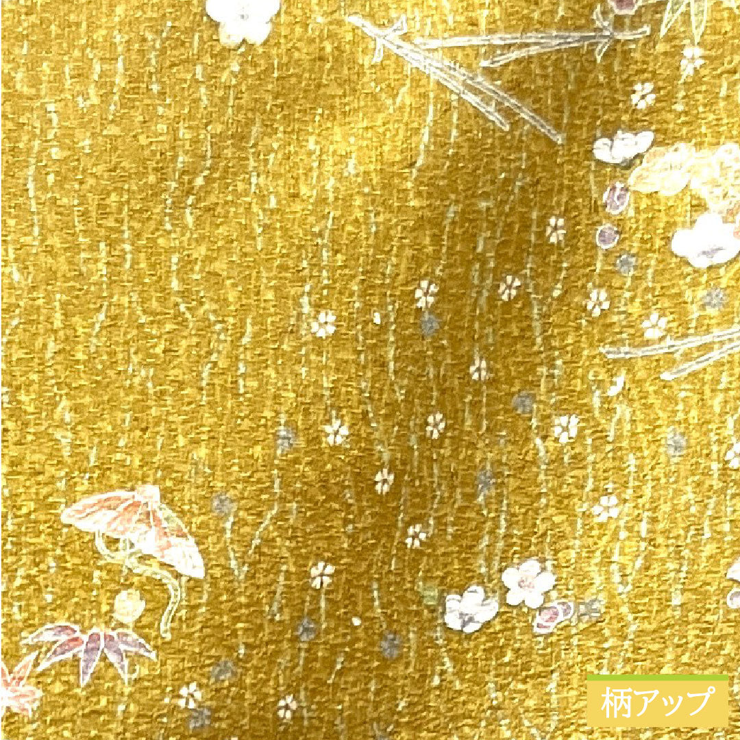 小紋 ポリエステル 身丈170cm 裄丈66.5cm 袷 黄土色 洗える着物 宝尽くし 松竹梅 しつけ糸付き 未使用品 Sランク 黄系 1115003592623