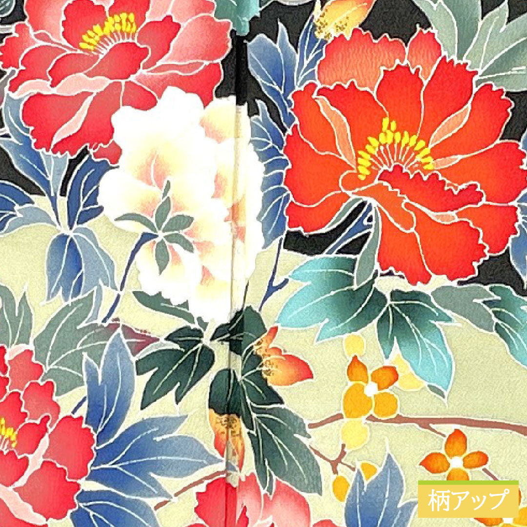 Black formal kimono, pure silk, length 158.5cm, sleeve length 62cm, lined, Kyo Kaga Yuzen, floral pattern, artist's work, five crests, flower diamond, A rank, black, 1111001673310