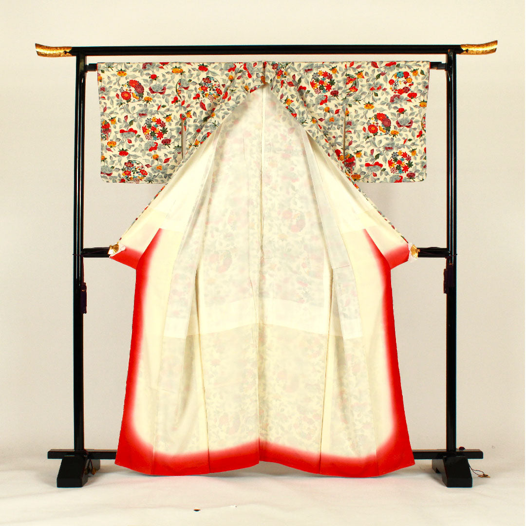 小紋 身丈164cm 裄丈67cm 袷 型染 菊 草花模様 正絹 Aランク 白系 1115001223311