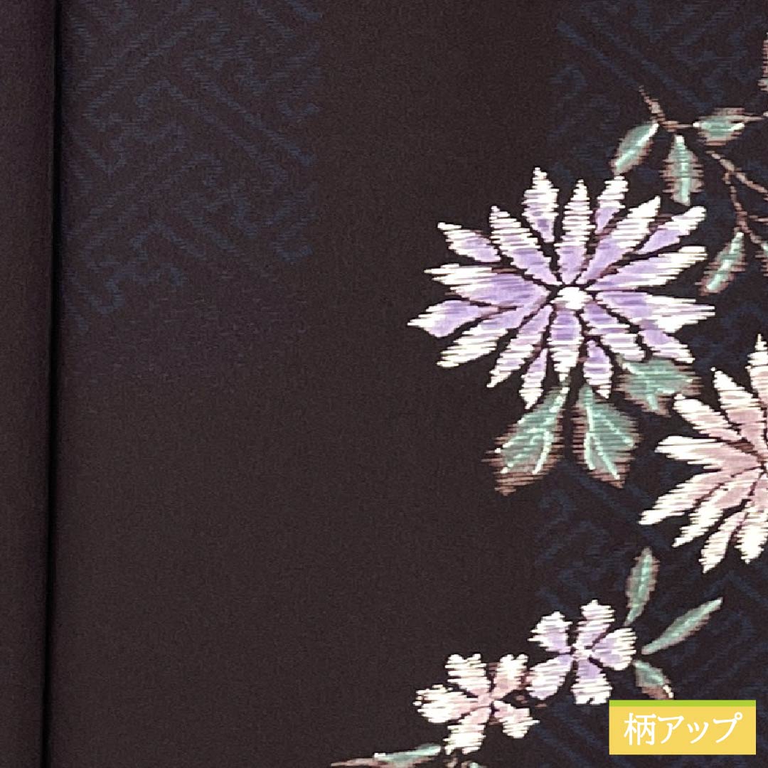 小紋 ポリエステル 身丈168.5cm 裄丈65cm 袷 紗綾形 花 洗える着物 Sランク 黒系 1115005952510