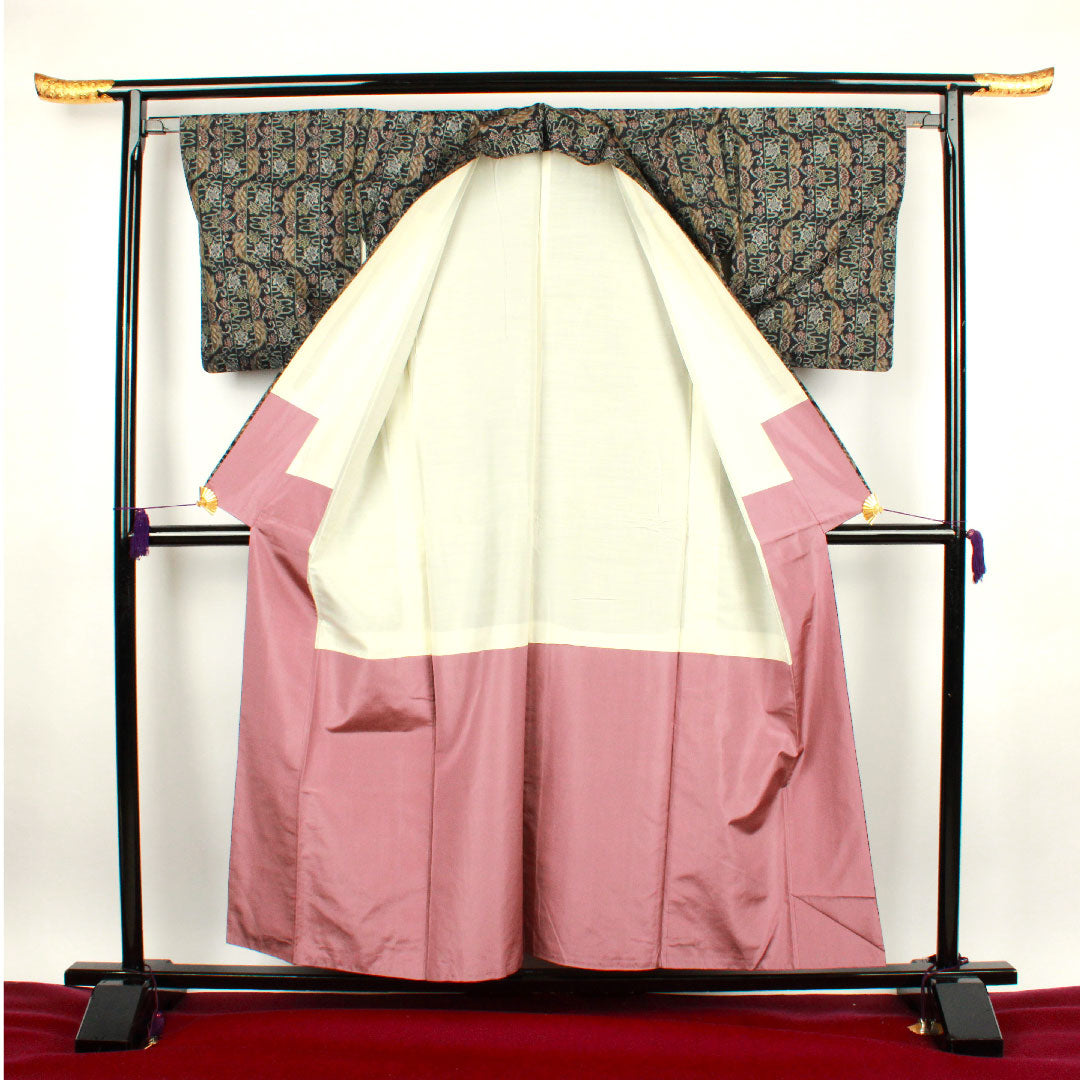 村山大島 身丈156cm 裄丈65cm アンサンブル 流水 花模様 正絹 Aランク 袷 黒系 1116001903310