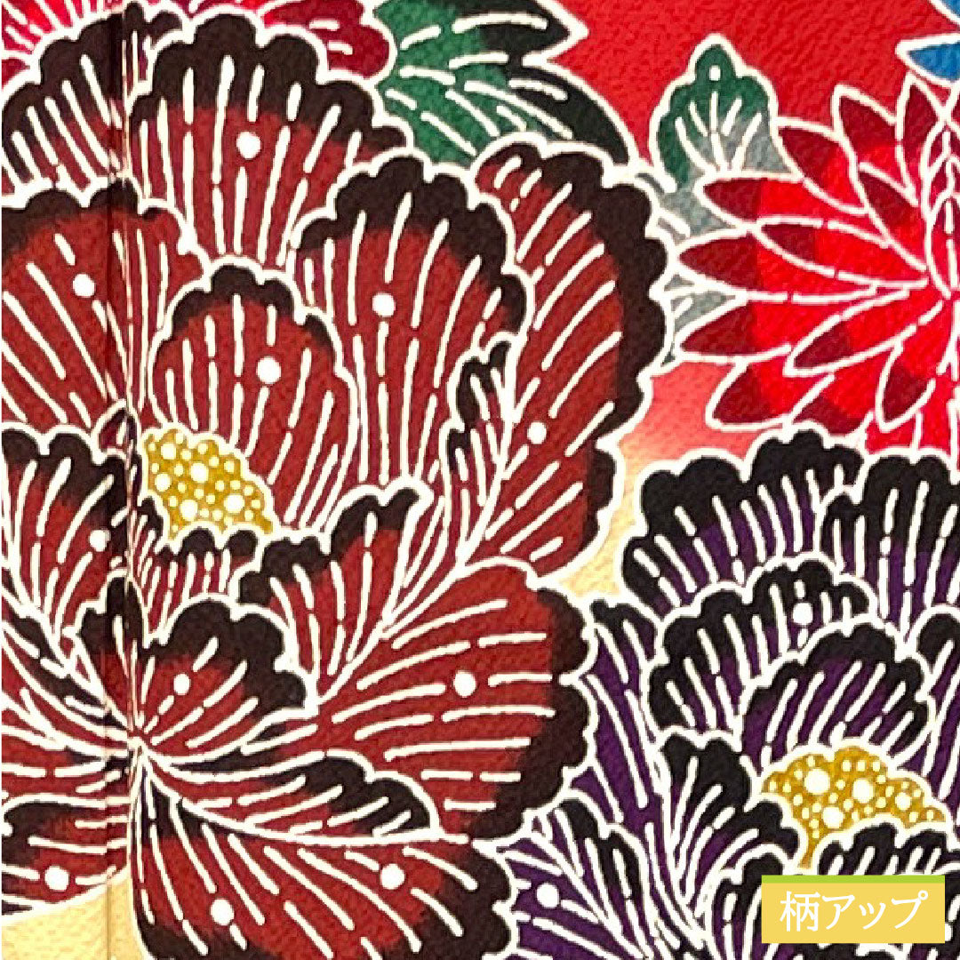 Furisode (long-sleeved kimono) made of pure silk, length 164.5cm, sleeve length 68cm, lined, old Turkish red, Kyoto Bingata, auspicious motif, S rank, red, 1113002062412