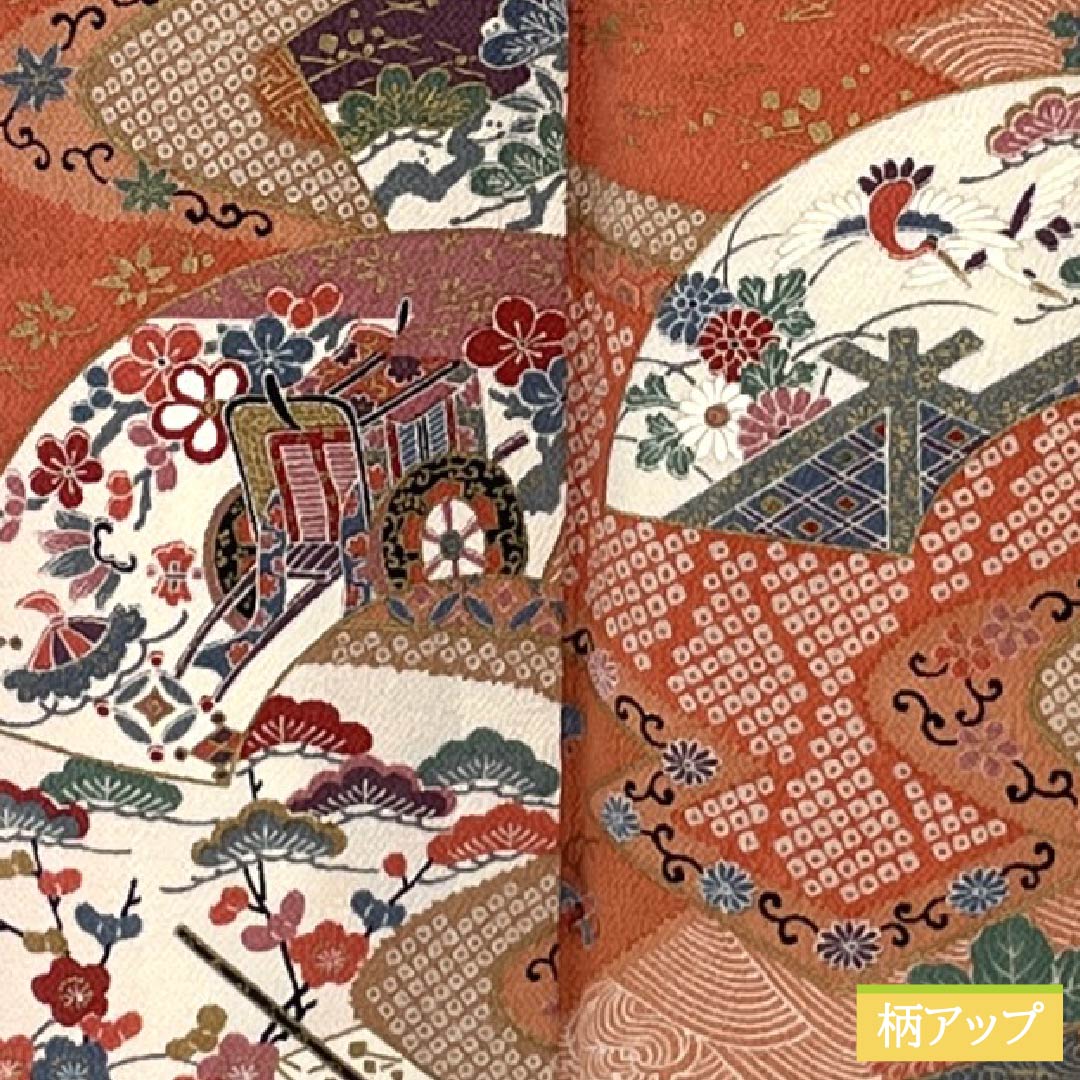 Komon silk kimono, S rank, length 159cm, sleeve length 66.5cm, lined, medium crimson (nakabeniiro) and scarlet (hiiro) with a fan-shaped classic pattern, red tones, product number 1115006672312