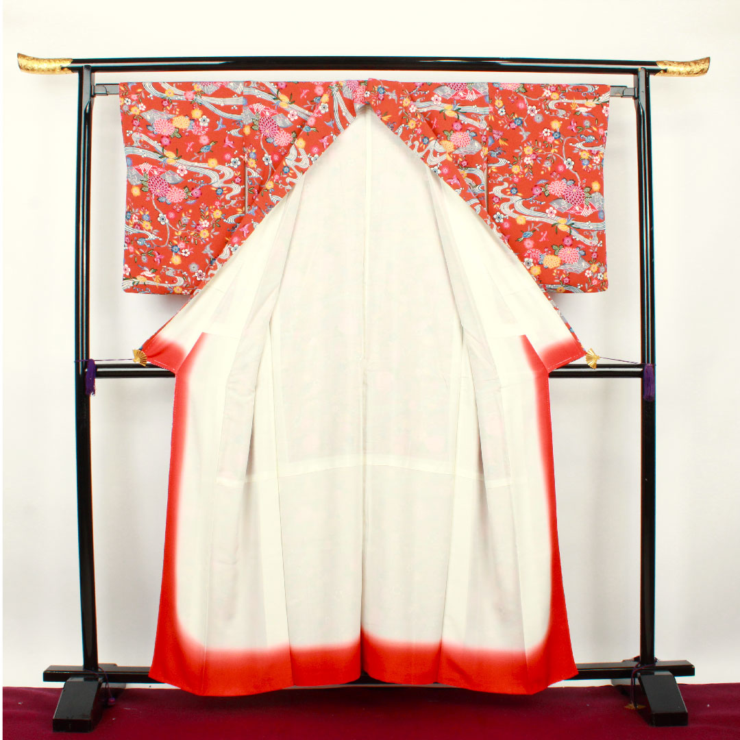 小紋 身丈157.5cm 裄丈64.5cm 袷 赭色 京紅型 草花模様 正絹 Sランク 茶系 1115002462314