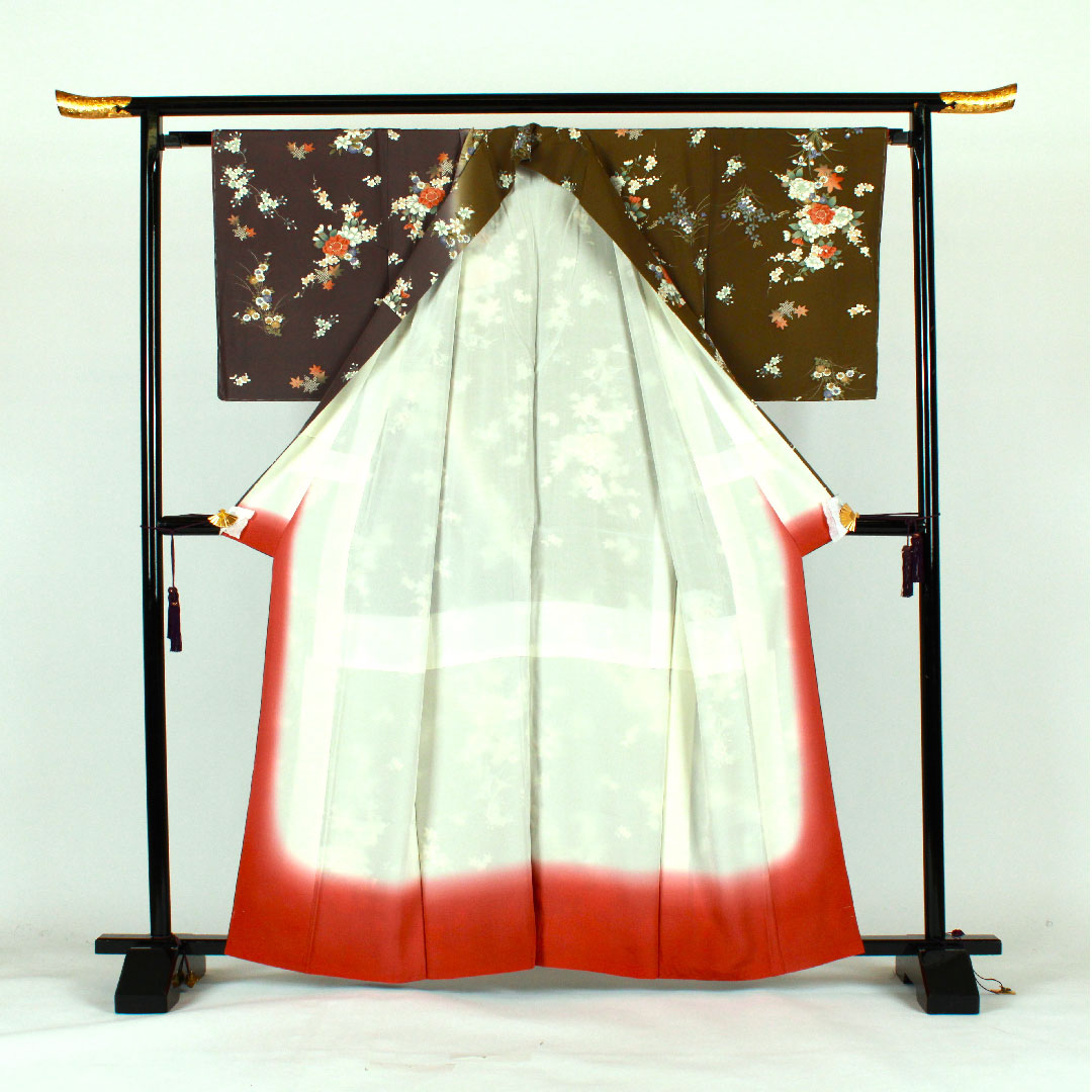 小紋 身丈164cm 裄丈67cm 袷 染め分け 草花模様 正絹 Sランク 緑系 1115001392419