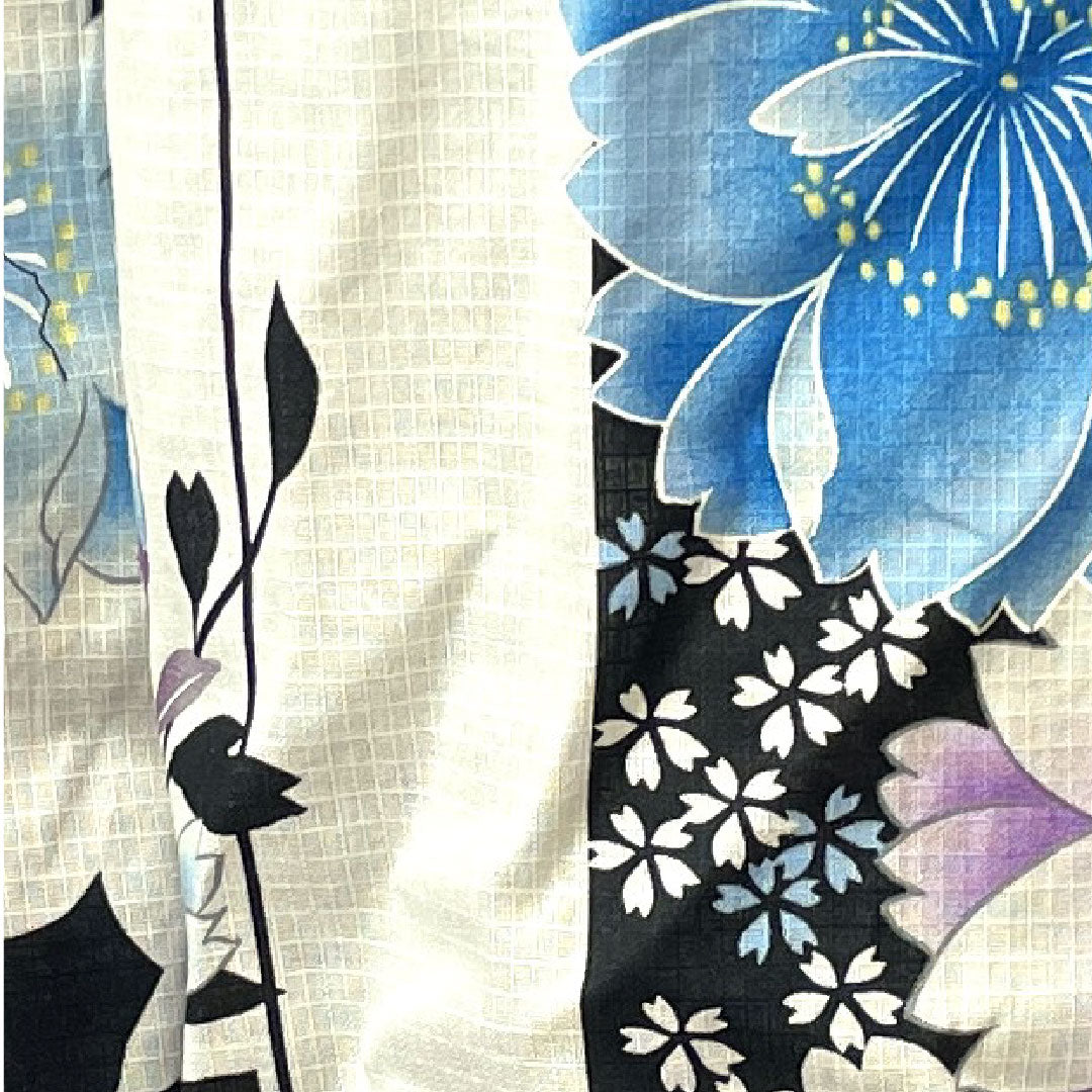 浴衣 モノトーン 桜 市松 木綿 Sランク 単衣 身丈161cm 裄丈65.5cm グラデーション系 1118001572499