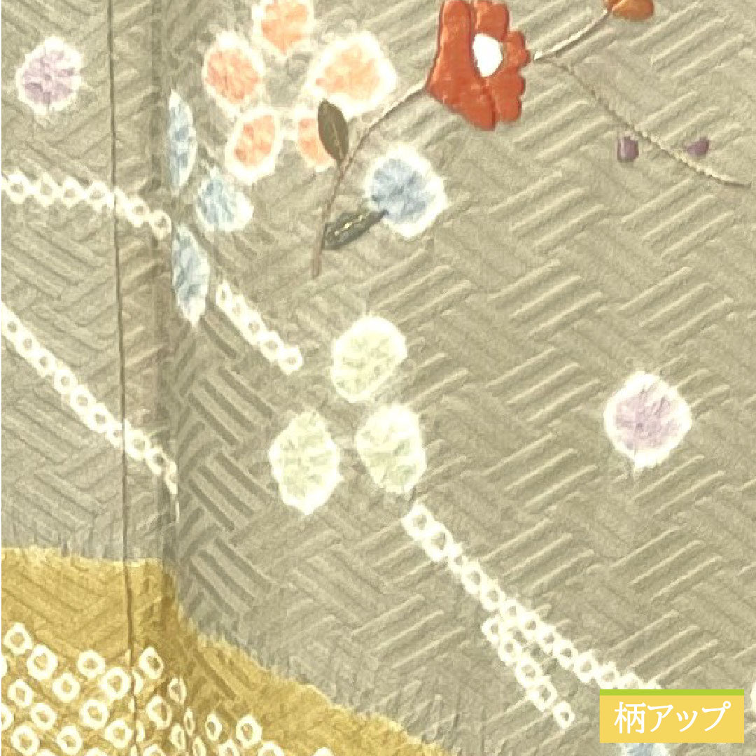 訪問着 正絹 袷 身丈163cm 裄丈67.5cm 蠟色(ろういろ) 絞り 抽象模様 一つ紋 剣片喰 縫い紋 Sランク ベージュ系 1112004492425