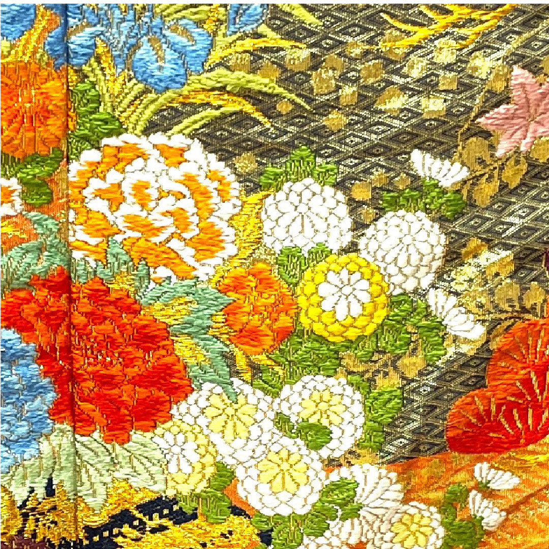 色打掛 身丈195cm 唐織 松 菊 花車 正絹 Sランク 袷 朱系 1110000412916