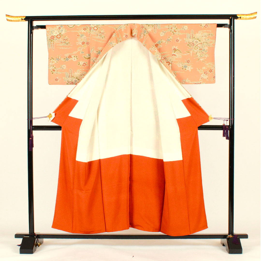 小紋 身丈154cm 裄丈61.5cm 袷 松竹梅 花籠 帛紗付き 正絹 Sランク 茶系 1115002042214