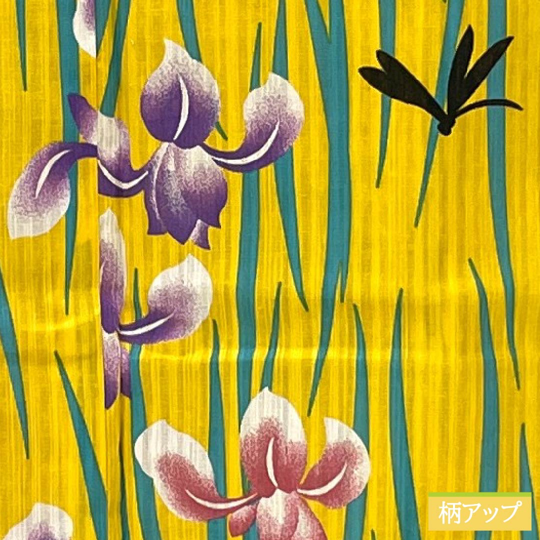 Cotton Yukata, Length 163.5cm, Sleeve Length 66cm, S Rank, Single Layer, Yellow, Kikuchinashiiro (Kikuchinashiro), Iris and Dragonfly Design, 1118006392423