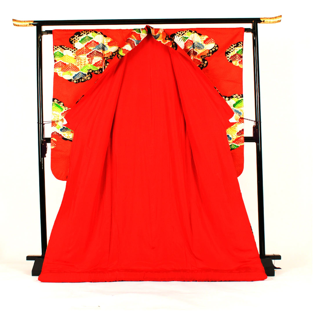色打掛 身丈186cm 紗綾形 鶴 松 正絹 Sランク 袷 赤系 1110000112812