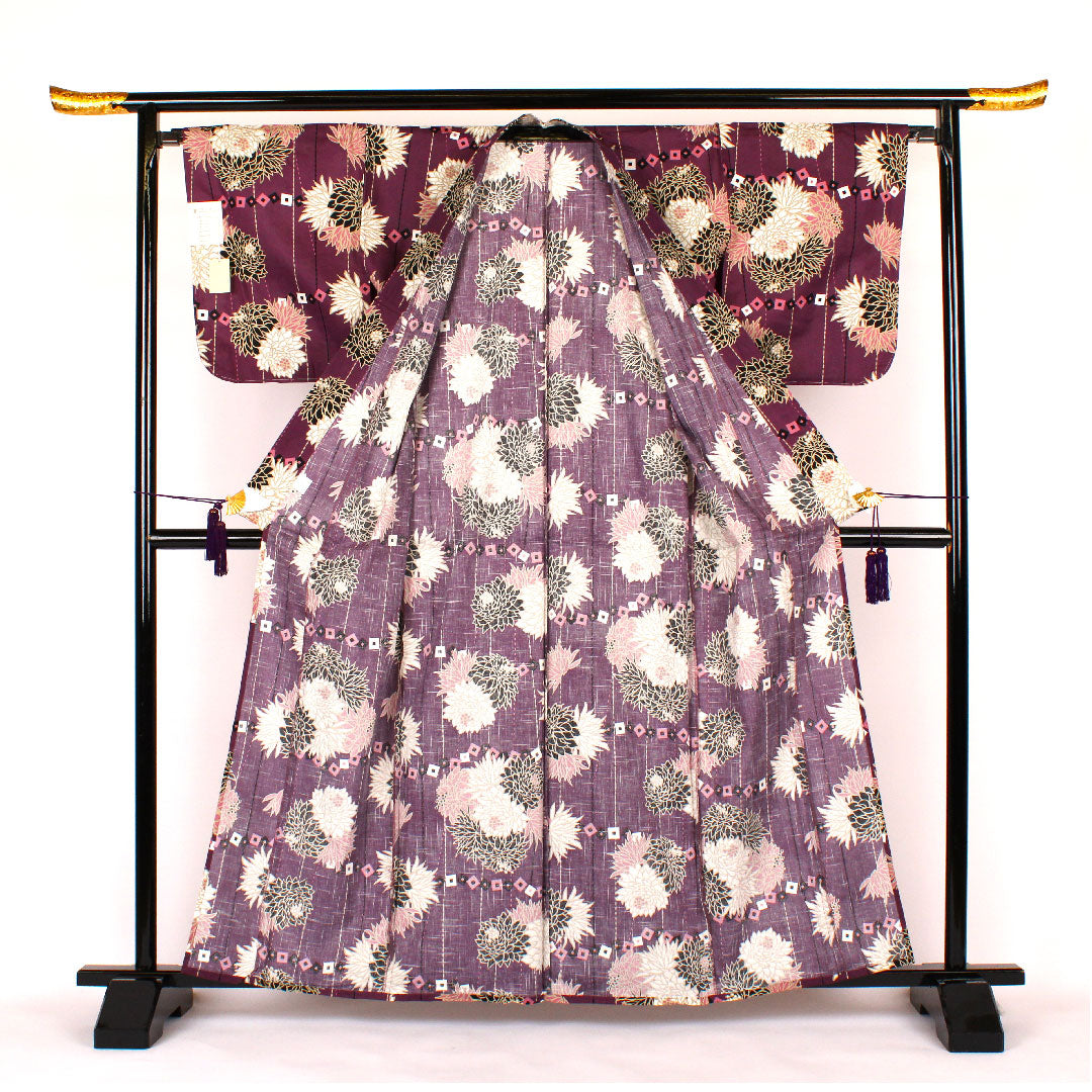 (新古品)浴衣 菊 木綿 Sランク 単衣 身丈163.5cm 裄丈67cm 紫系 1118000152420