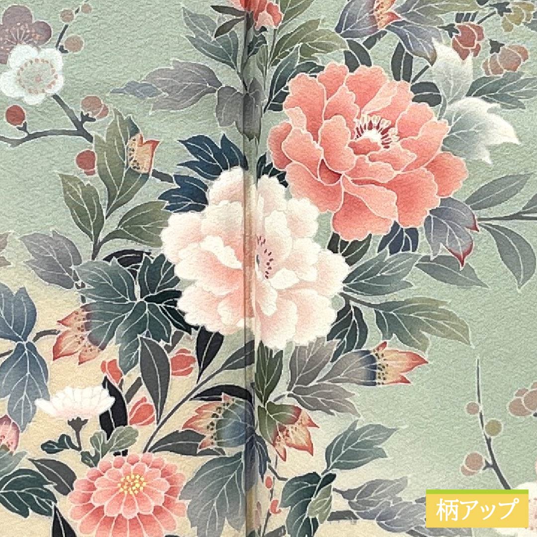 訪問着 正絹 Bランク 袷 身丈165cm 裄丈65.5cm 薄緑色(うすみどりいろ) 花 作家物 周市 しつけ糸付き 緑系 1112006974519