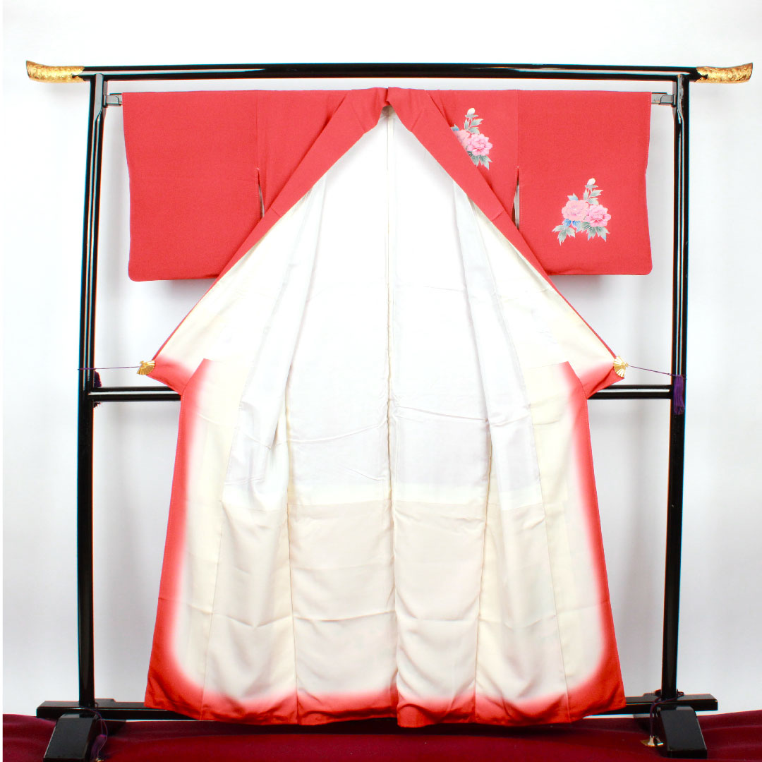 訪問着 袷 身丈158.5cm 裄丈65cm 蘇芳色 孔雀 草花模様 正絹 Aランク 赤系 1112001663312