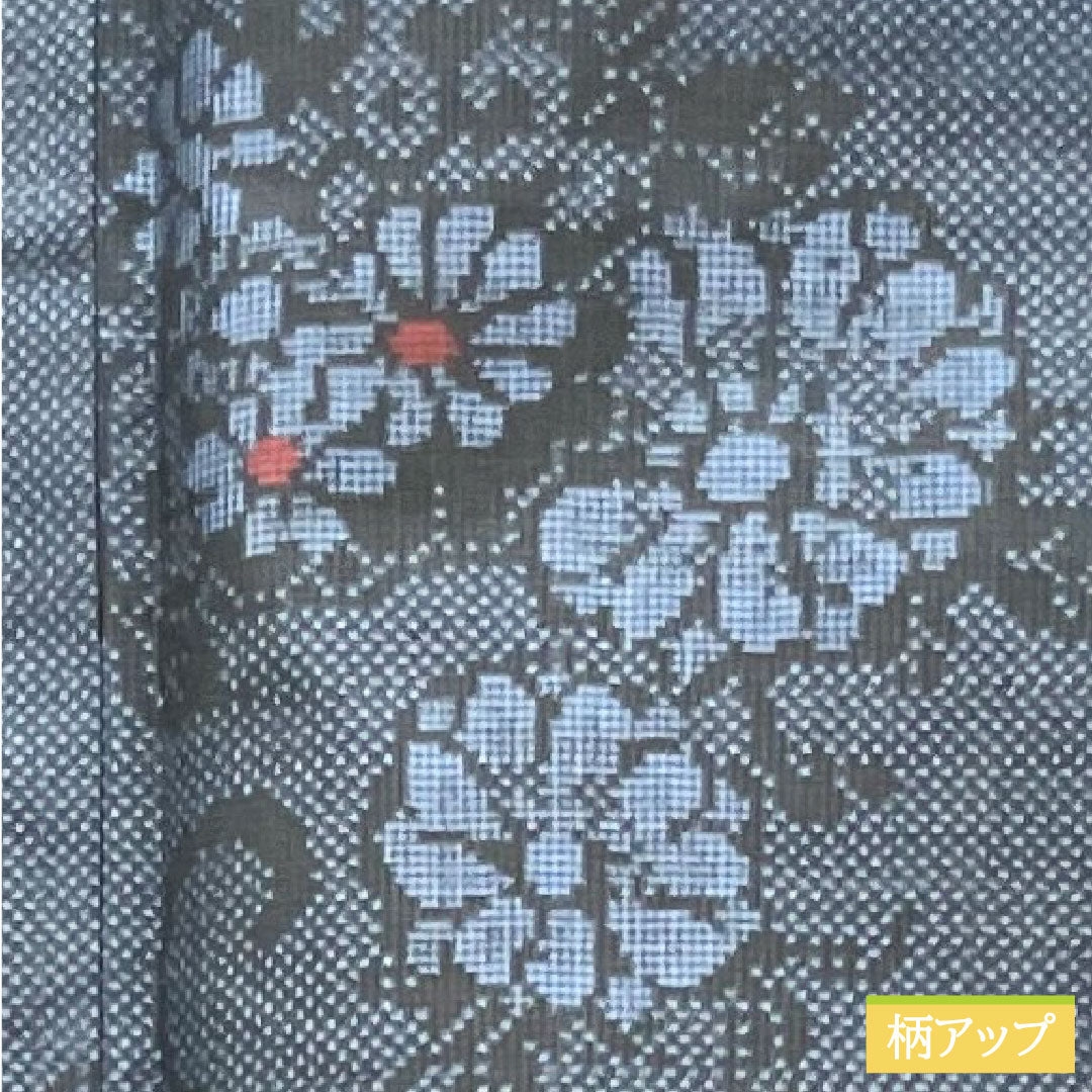 紬 正絹 身丈162.5cm 裄丈64cm 花模様 Aランク 袷 紺系 1116003303418