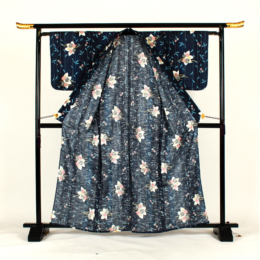 浴衣 花模様 木綿 Sランク 単衣 身丈165cm 裄丈66cm 青系 1118000812517