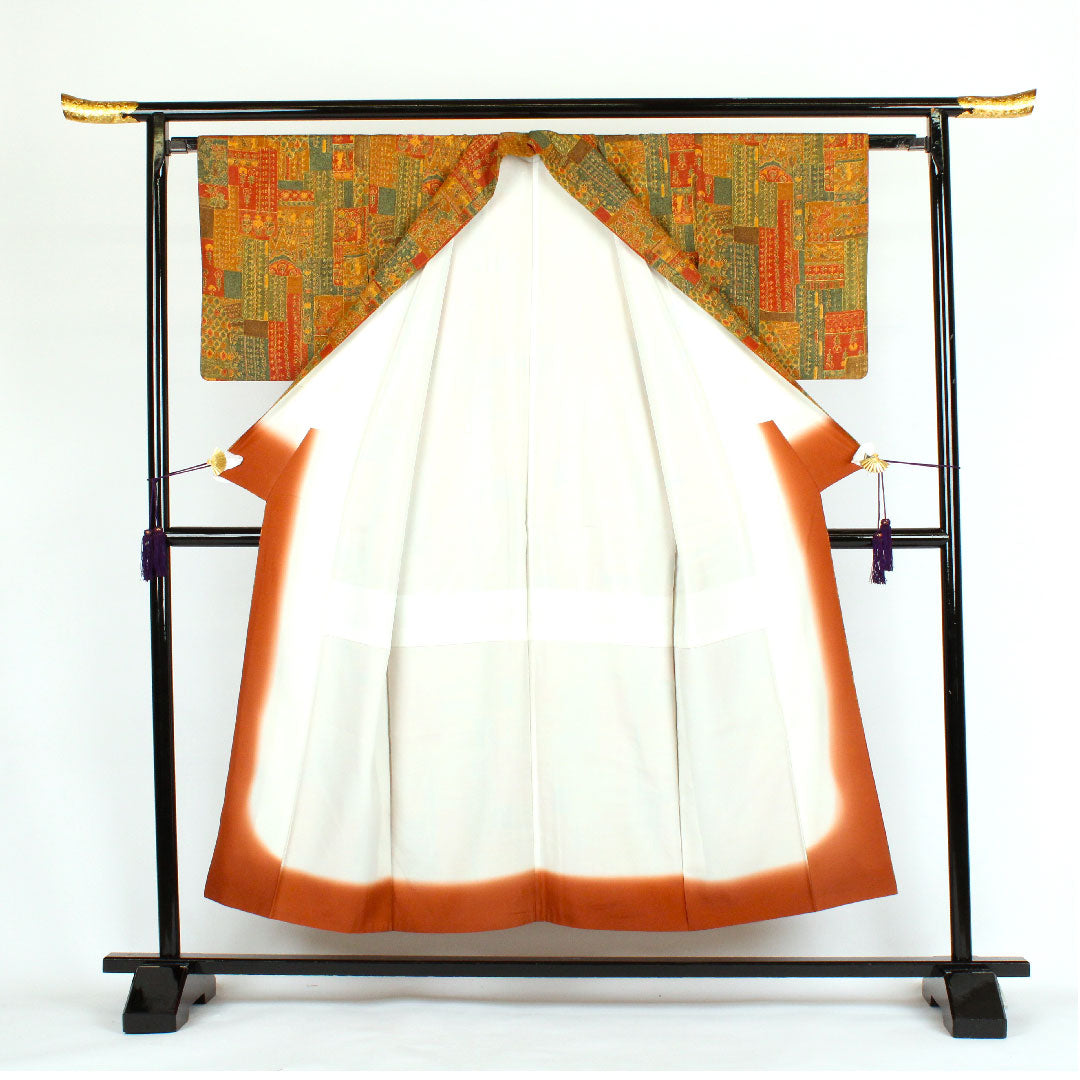 小紋 身丈152cm 裄丈64cm 袷 更紗柄 正絹 Aランク 茶系 1115000083214