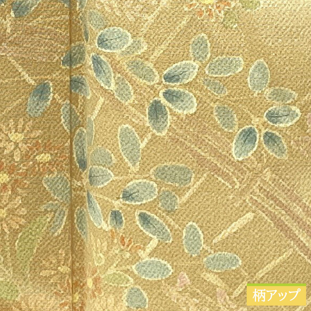 訪問着 正絹 袷 身丈168.5cm 裄丈65cm 金茶色(きんちゃいろ) ちりめん地 草花模様 Sランク 茶系 1112005902514