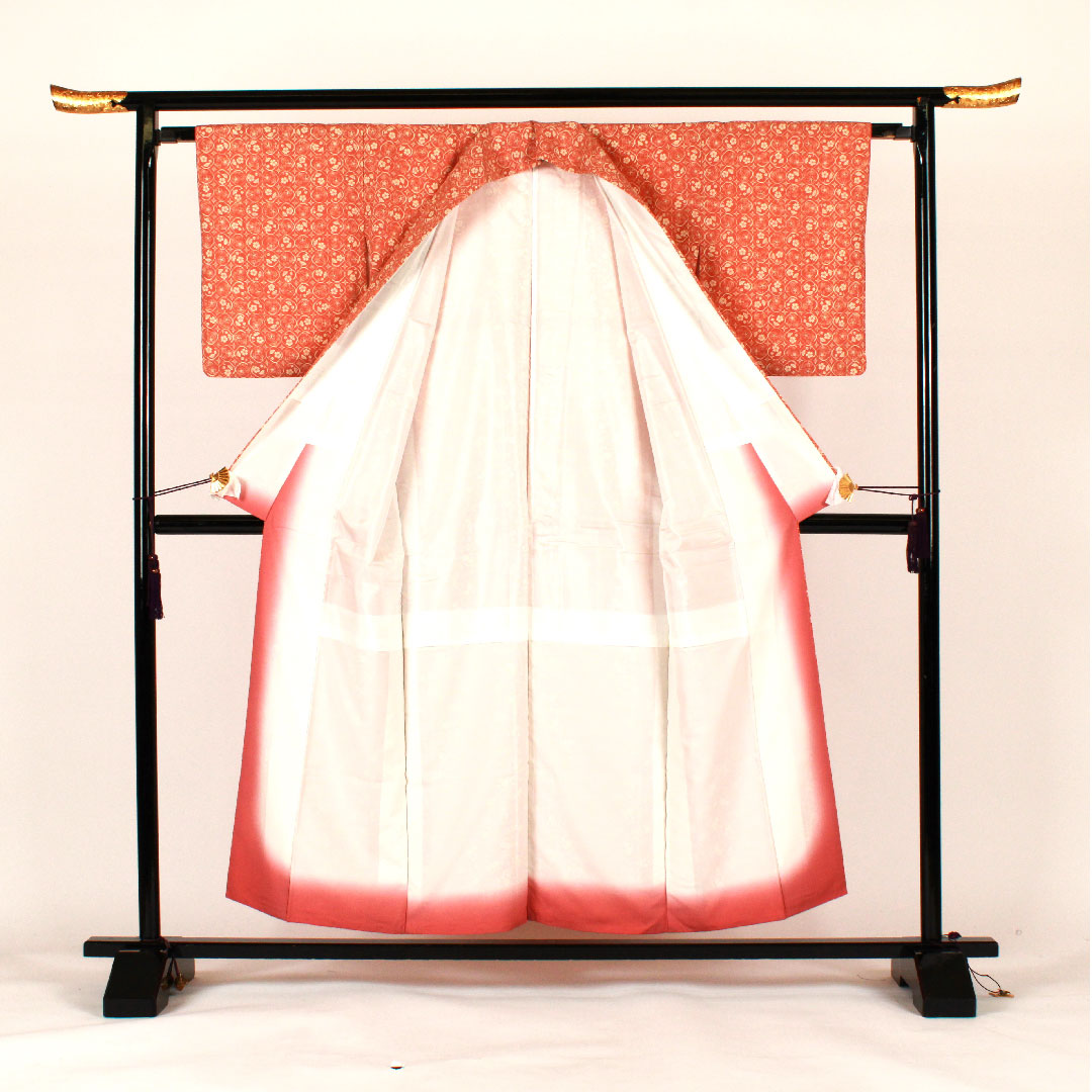 小紋 身丈155cm 裄丈63cm 袷 小花模様 洗える着物 ポリ Sランク ピンク系 1115000802313