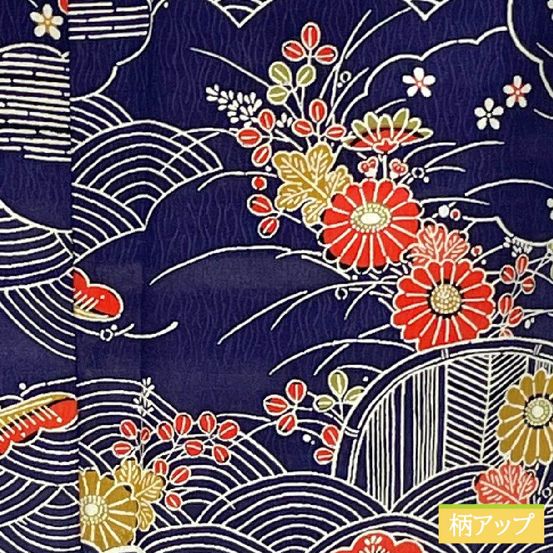 小紋 正絹 身丈157cm 裄丈63cm 袷 型染 青海波 松 花 Sランク 紺系 1115005902318