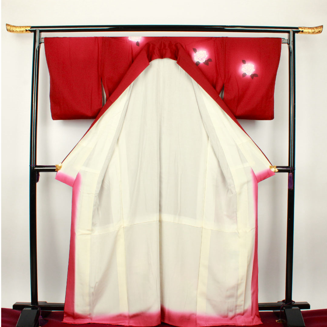 Homongi, lined, length 170cm, sleeve length 69cm, grape color, hand-painted Yuzen, rose, pure silk, S rank, purple, 1112001702620