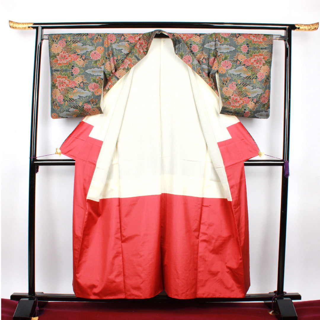 大島紬 身丈156.5cm 裄丈64.5cm 経緯絣 草花模様 正絹 Aランク 袷 緑系 1116001853319