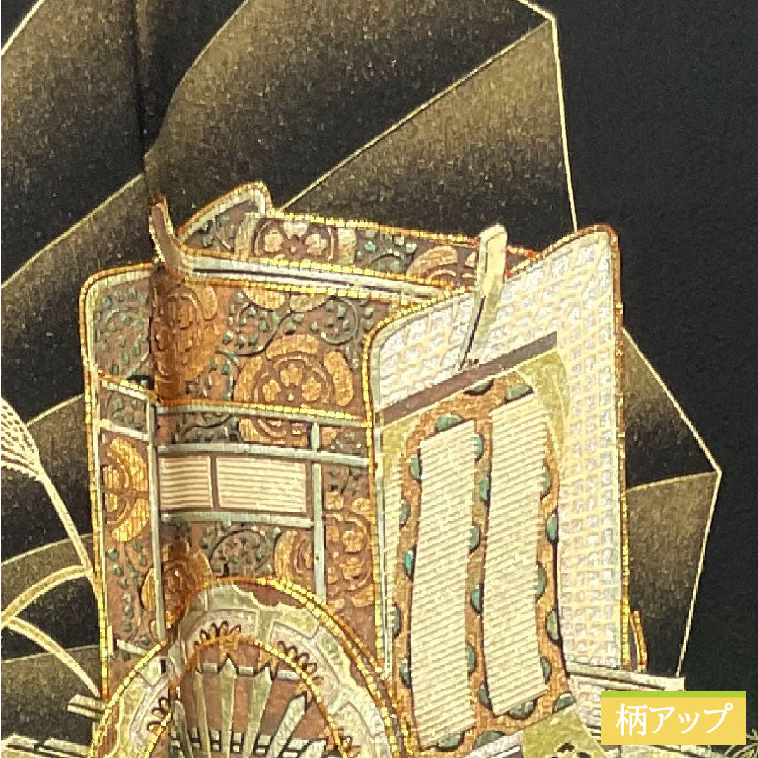 Black formal kimono, pure silk, length 164cm, sleeve length 65cm, lined, gold leaf finish, auspicious motif, artist's work, five crests, ivy, A rank, five crests, black, 1111001263410