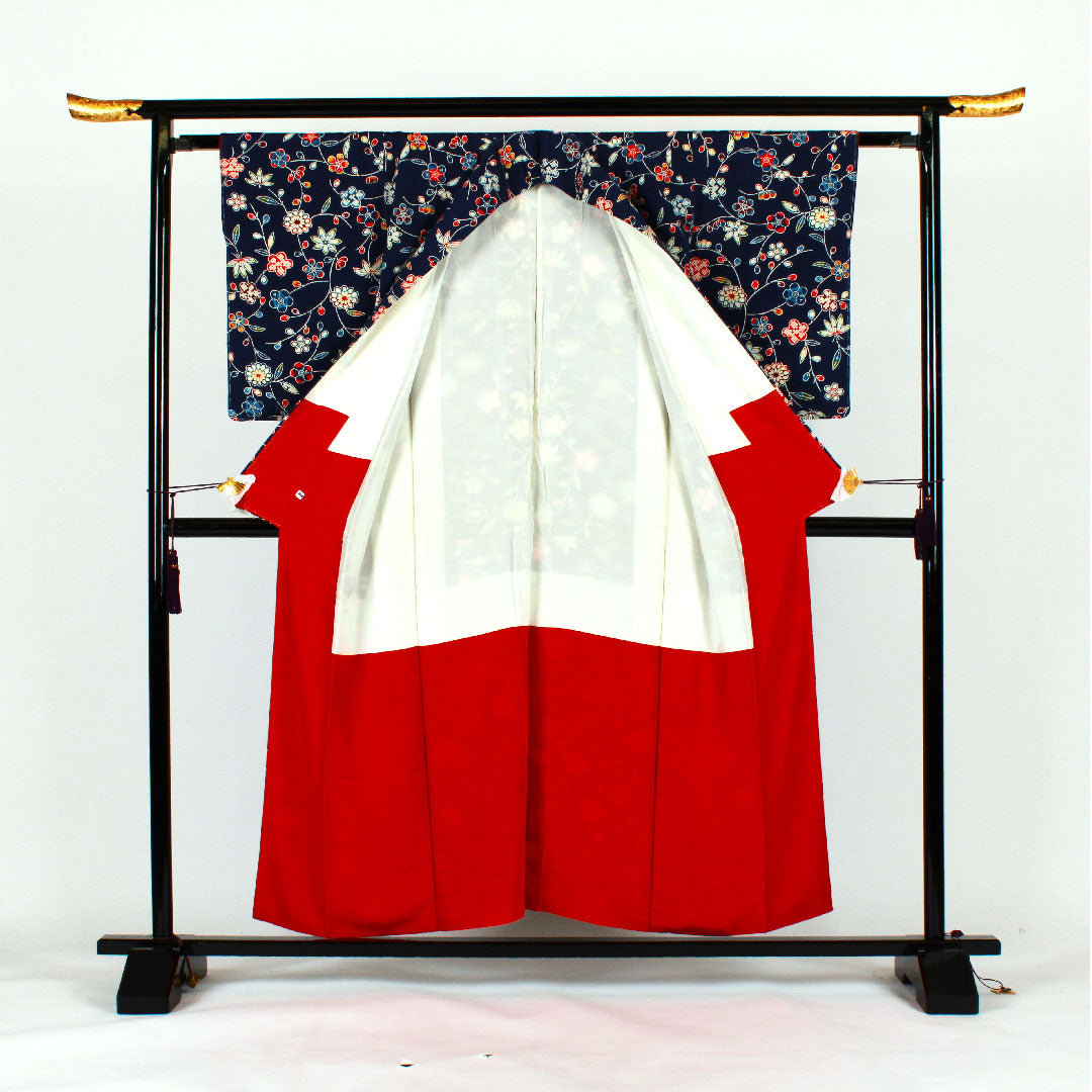 小紋 身丈155cm 裄丈62cm 袷 京紅型 松竹梅 花模様 正絹 Sランク 紺系 1115001202318
