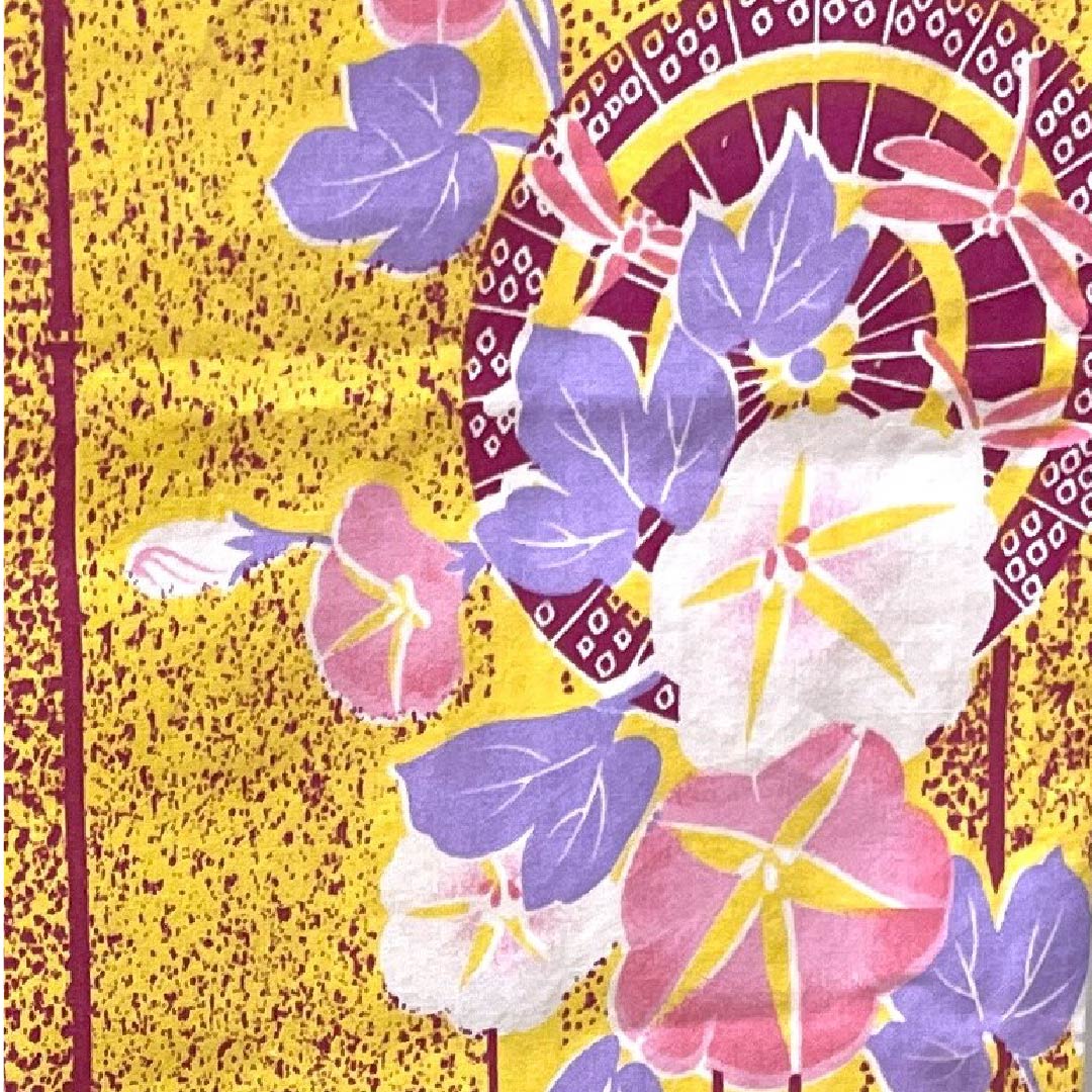 浴衣 卵色 朝顔 和傘 木綿 Sランク 単衣 身丈165cm 裄丈65cm 黄系 1118004022523