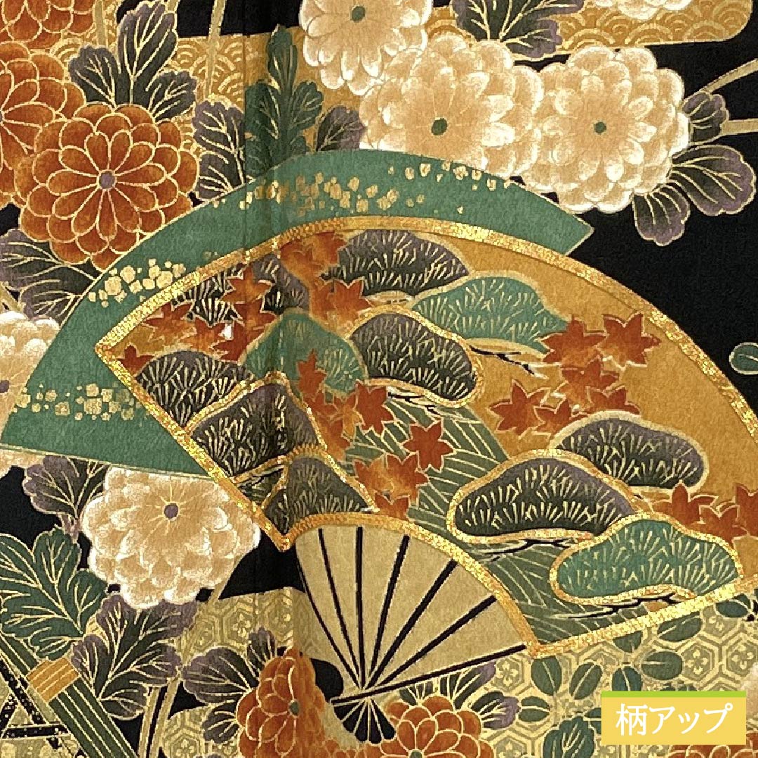 黒留袖 ポリエステル Aランク 身丈161.5cm 裄丈64cm 袷 京友禅 五つ紋 五三桐 扇面 菊 松 萩 五つ紋 黒系 1111001843410