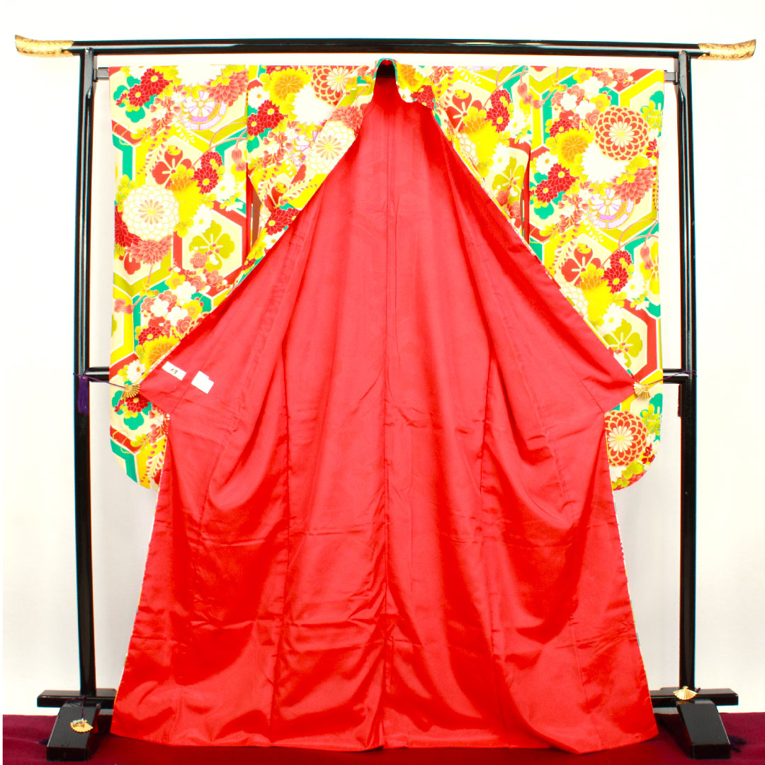 振袖 身丈170.5cm 裄丈67.5cm 袷 洗える着物 亀甲 菊 梅 藤 ポリ Sランク グラデ 1113001012699