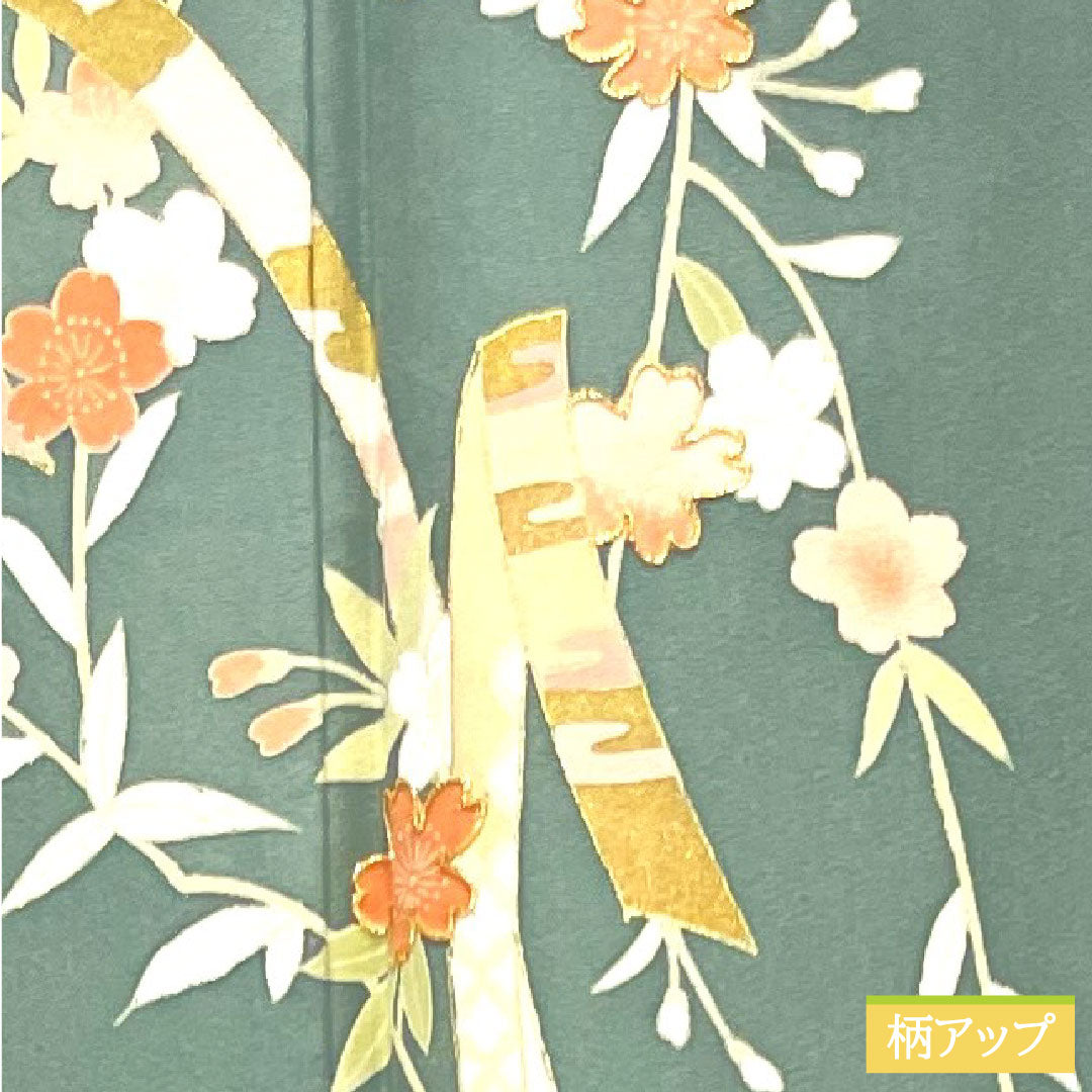 Homongi, pure silk, lined, length 156cm, sleeve length 65.5cm, rust celadon color, Kyo-Yuzen, auspicious pattern, A rank, green, 1112003673319