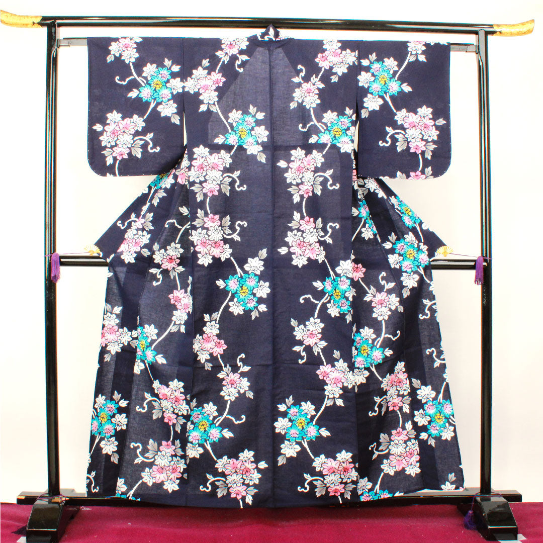 Yukata with basting thread, unused, dark navy blue, abstract pattern, cotton, S rank, single layer, length 160cm, sleeve length 62cm, navy blue, 1118002942418