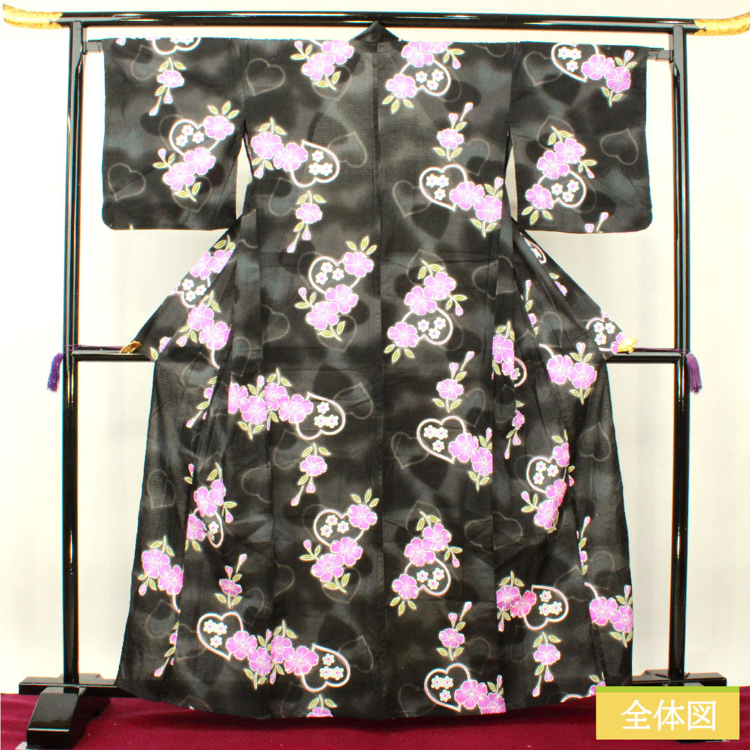 浴衣 木綿 身丈163.5cm 裄丈67cm Sランク 単衣 黒系 ハート 桜 1118005152410