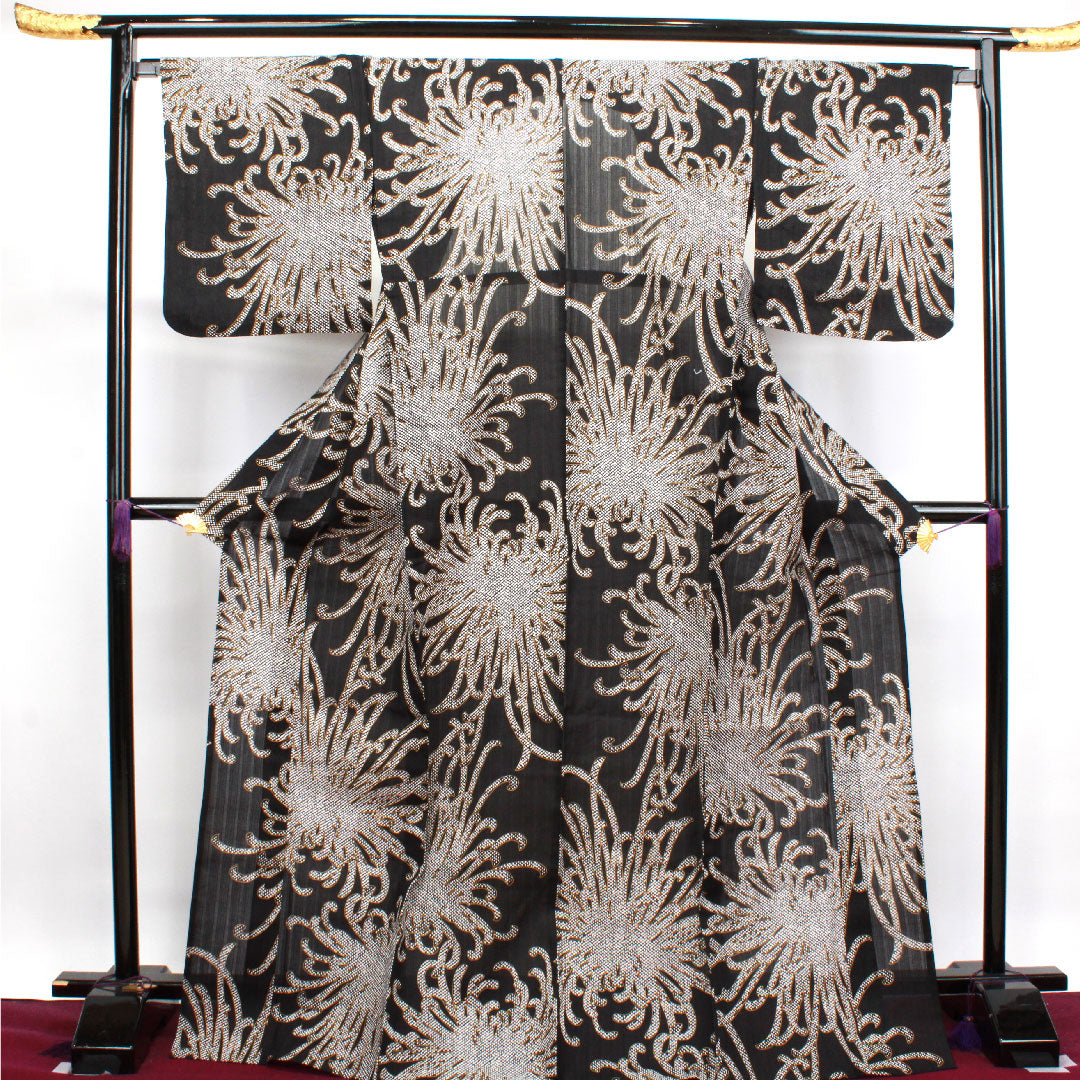 浴衣 こむさでもーど 糸菊 木綿 Sランク 単衣 身丈173.5cm 裄丈68cm 黒系 1118003102610