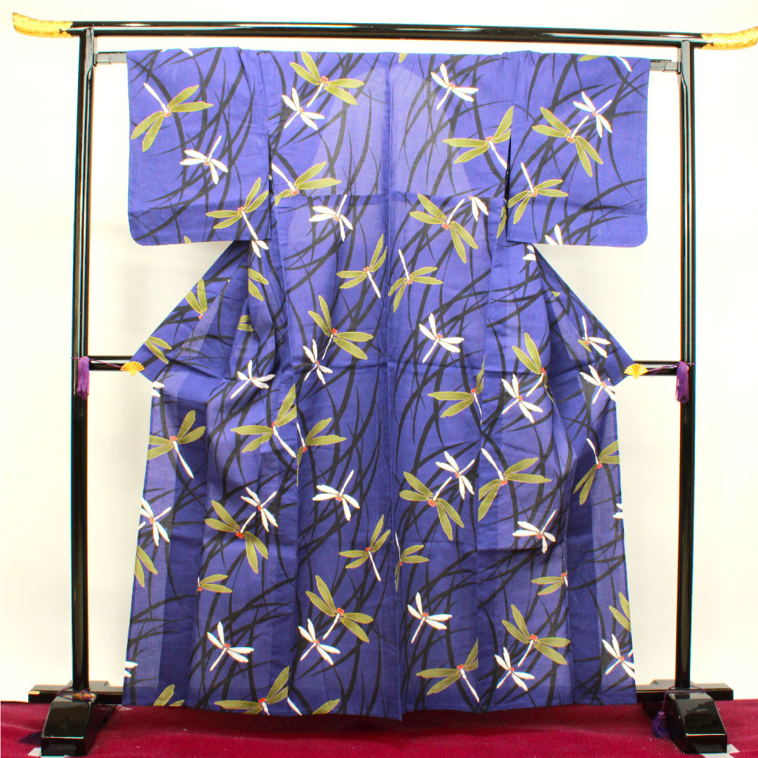 浴衣 しつけ糸付き 未使用品 青紫色 トンボ 木綿 Sランク 単衣 身丈162cm 裄丈64.5cm 紫系 1118002882420