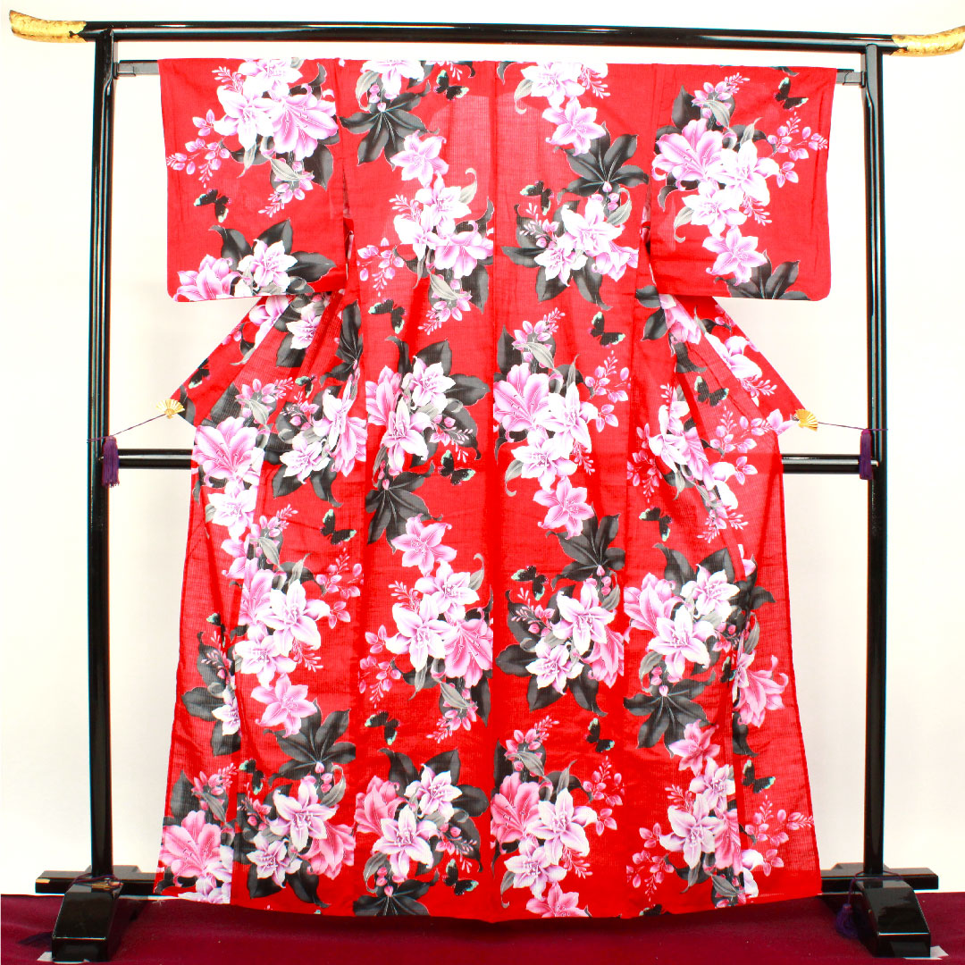 浴衣 赤紅色 ハイビスカス 蝶 木綿 Sランク 単衣 身丈166cm 裄丈65.5cm 赤系 1118002402512