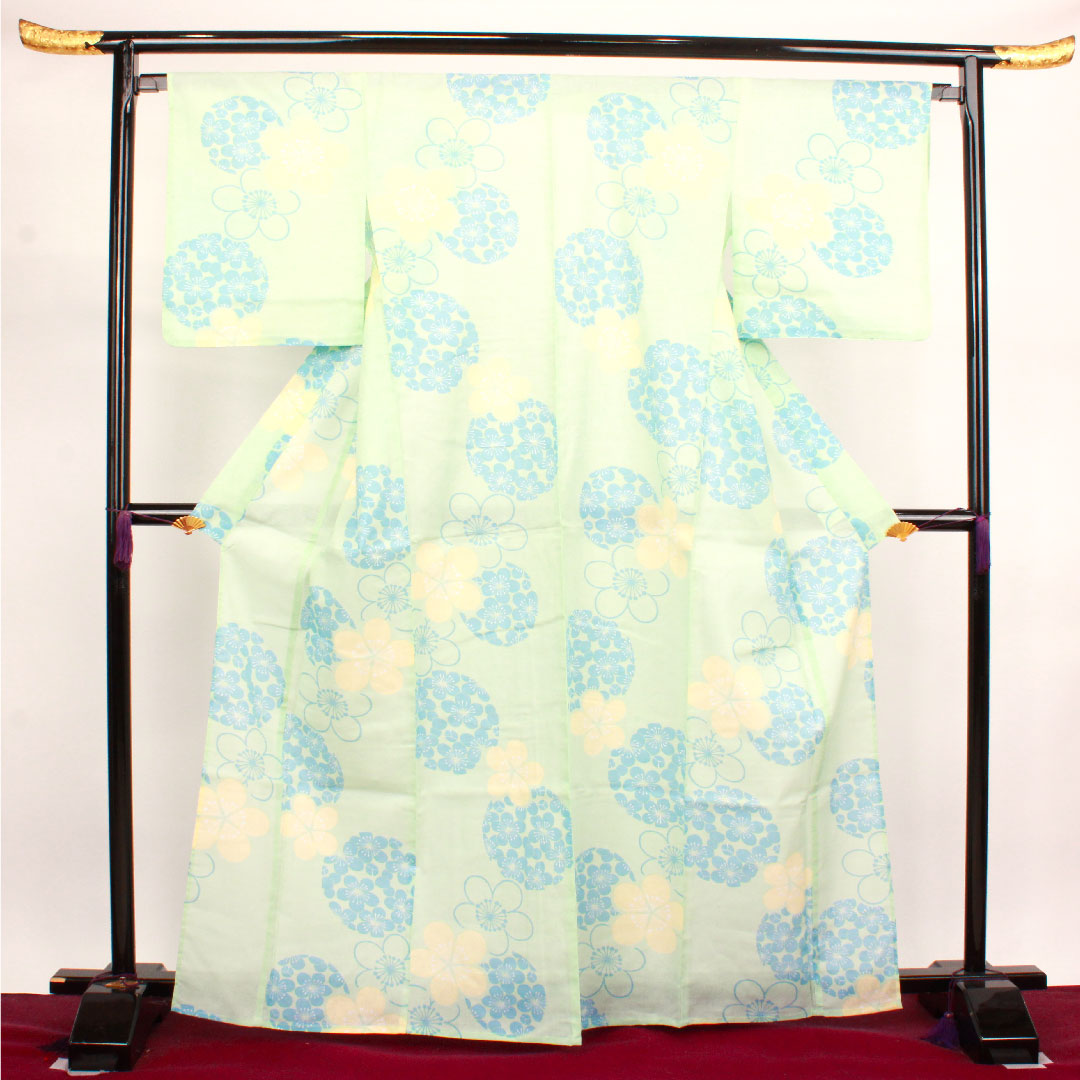 浴衣 薄緑色 梅 木綿 Sランク 単衣 身丈167cm 裄丈66cm 緑系 1118003812519