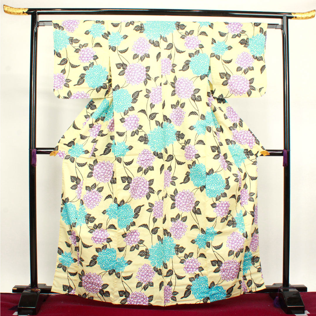 浴衣 淡黄色 紫陽花 木綿 Sランク 単衣 身丈164.5cm 裄丈63cm 黄系 1118002612423
