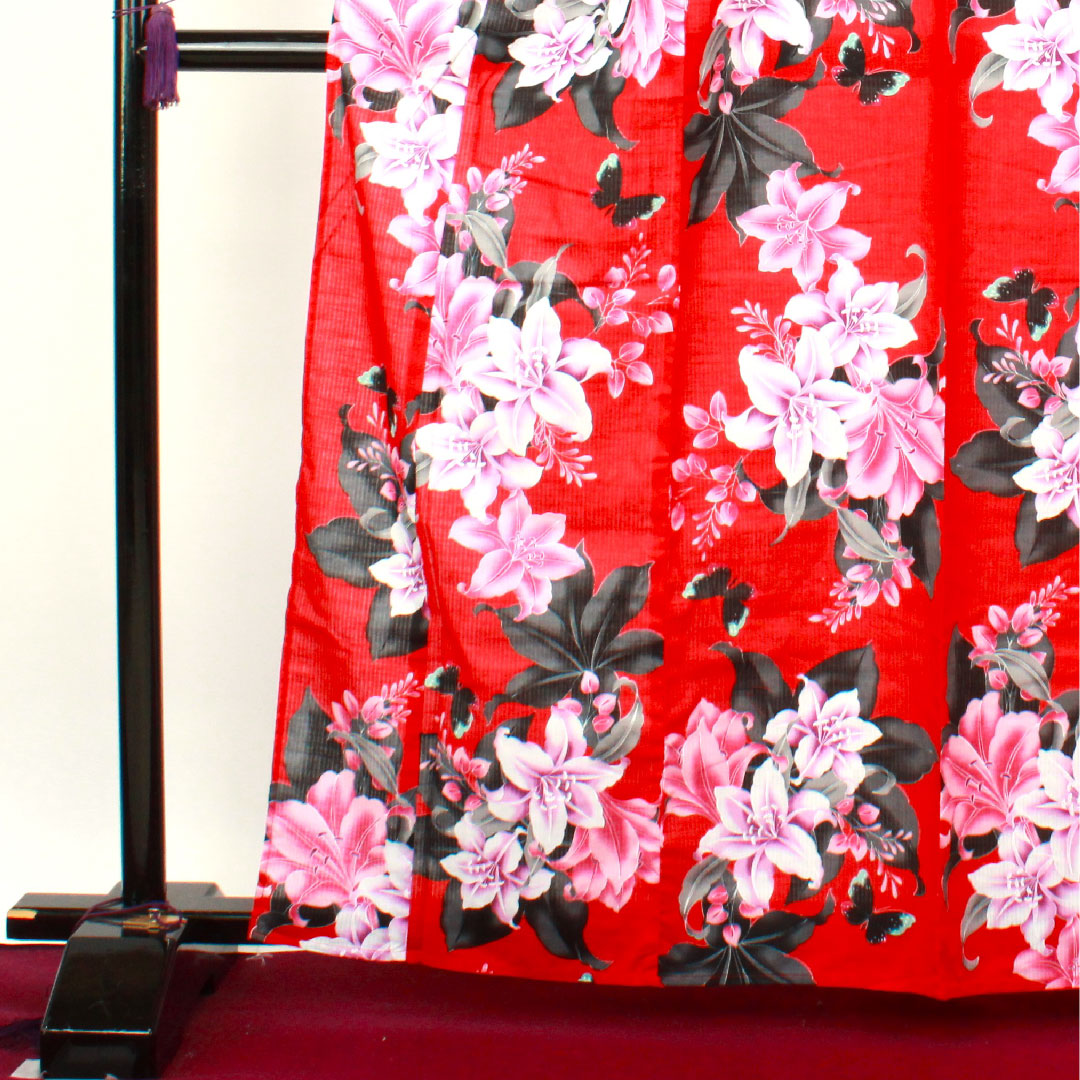 浴衣 赤紅色 ハイビスカス 蝶 木綿 Sランク 単衣 身丈166cm 裄丈65.5cm 赤系 1118002402512