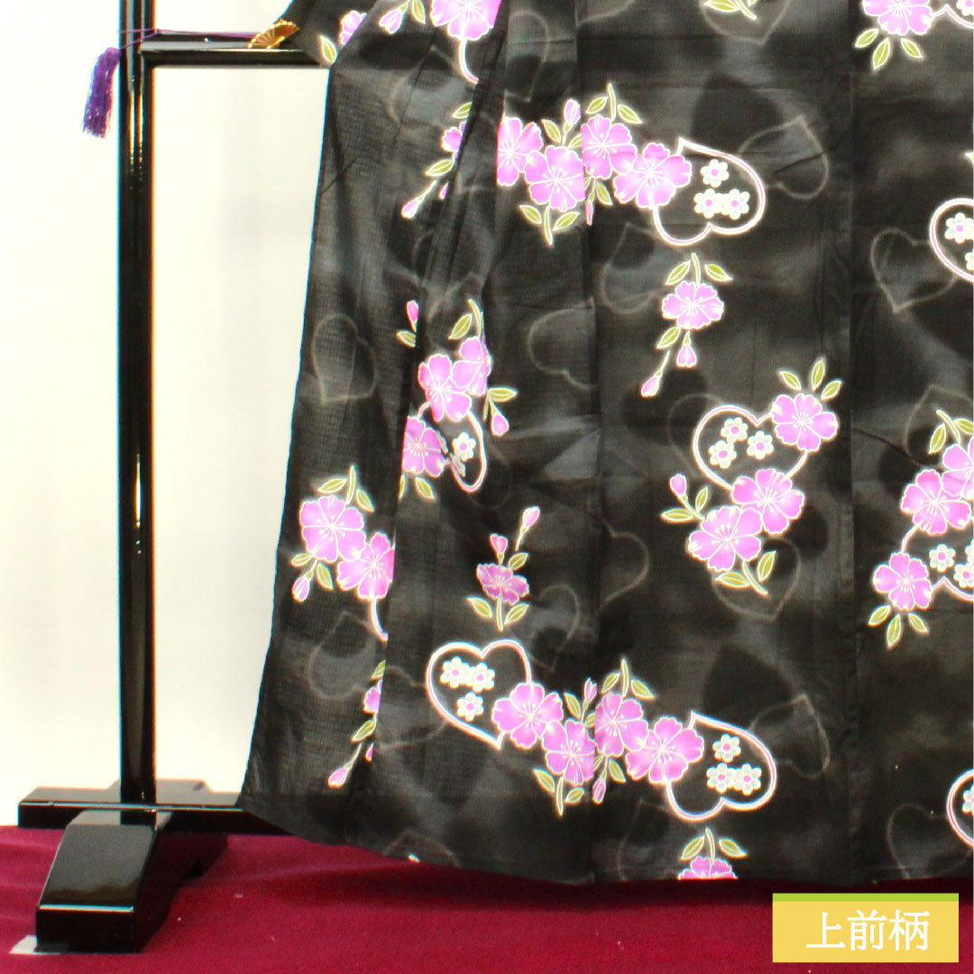 浴衣 木綿 身丈163.5cm 裄丈67cm Sランク 単衣 黒系 ハート 桜 1118005152410