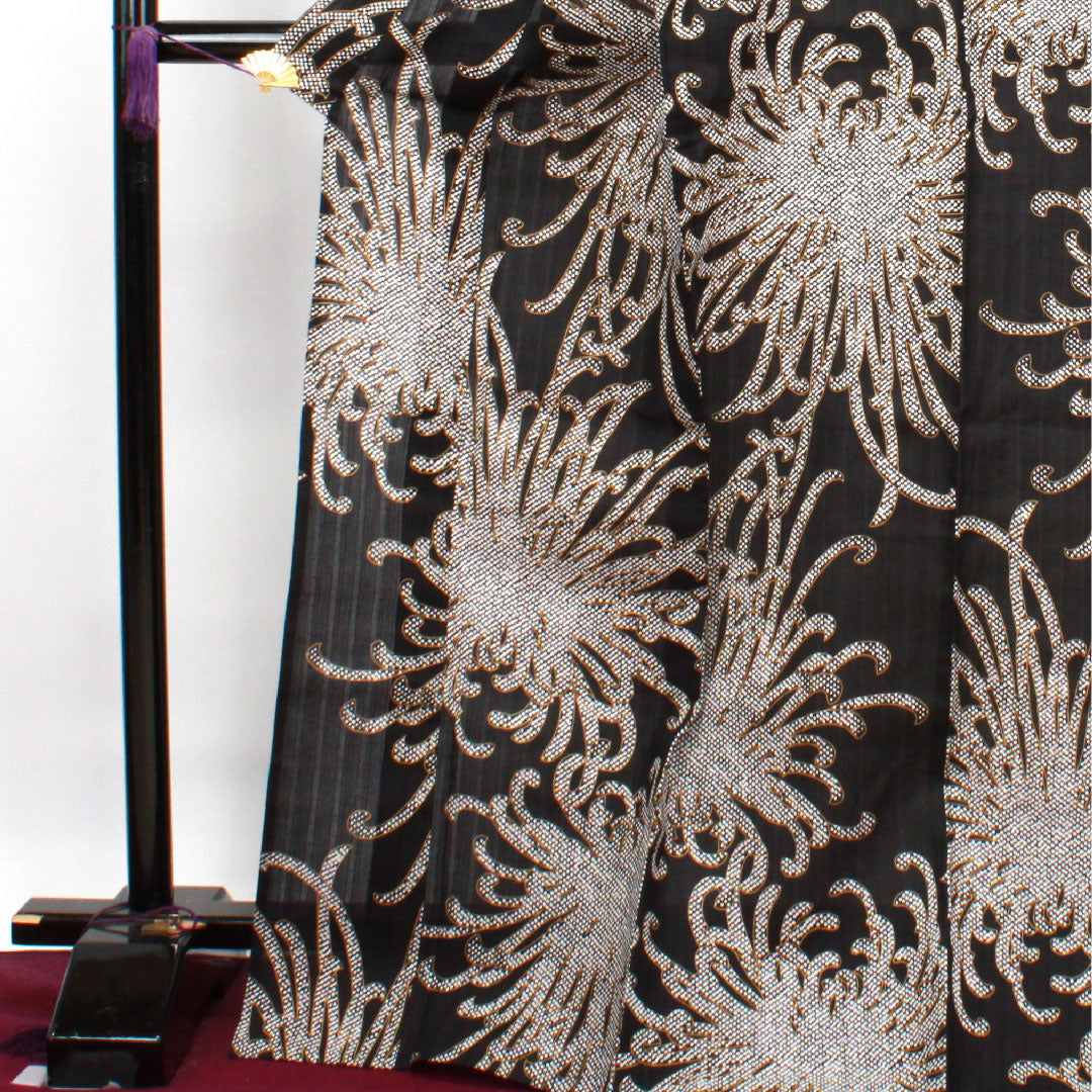 浴衣 こむさでもーど 糸菊 木綿 Sランク 単衣 身丈173.5cm 裄丈68cm 黒系 1118003102610