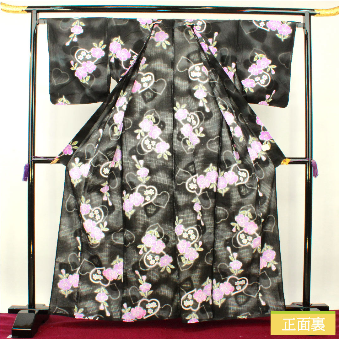 浴衣 木綿 身丈163.5cm 裄丈67cm Sランク 単衣 黒系 ハート 桜 1118005152410