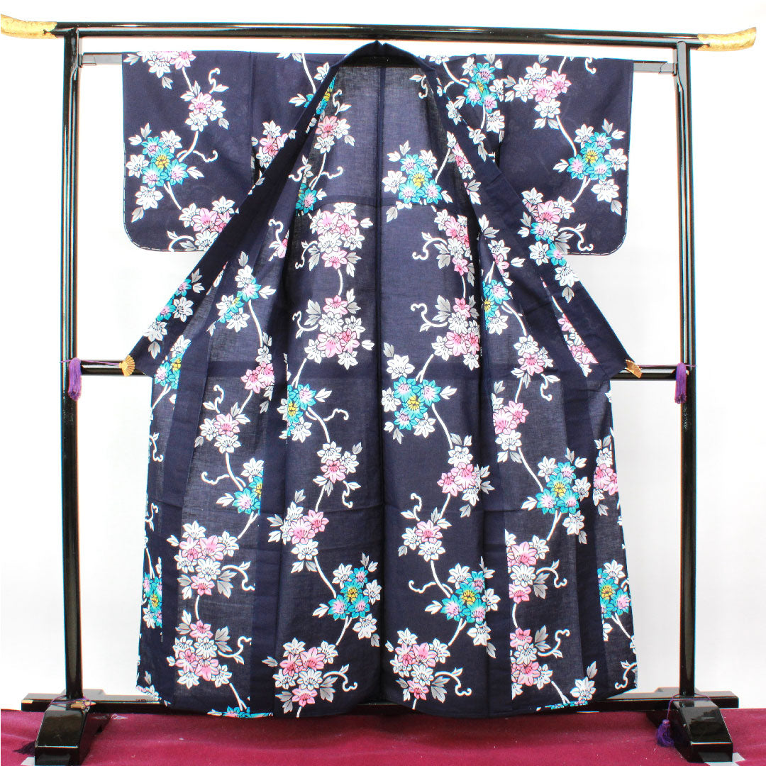 Yukata with basting thread, unused, dark navy blue, abstract pattern, cotton, S rank, single layer, length 160cm, sleeve length 62cm, navy blue, 1118002942418