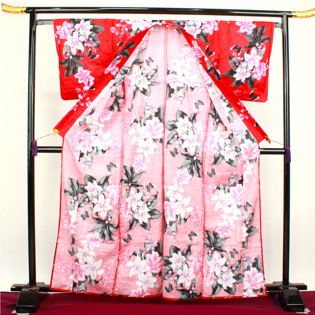 浴衣 赤紅色 ハイビスカス 蝶 木綿 Sランク 単衣 身丈166cm 裄丈65.5cm 赤系 1118002402512