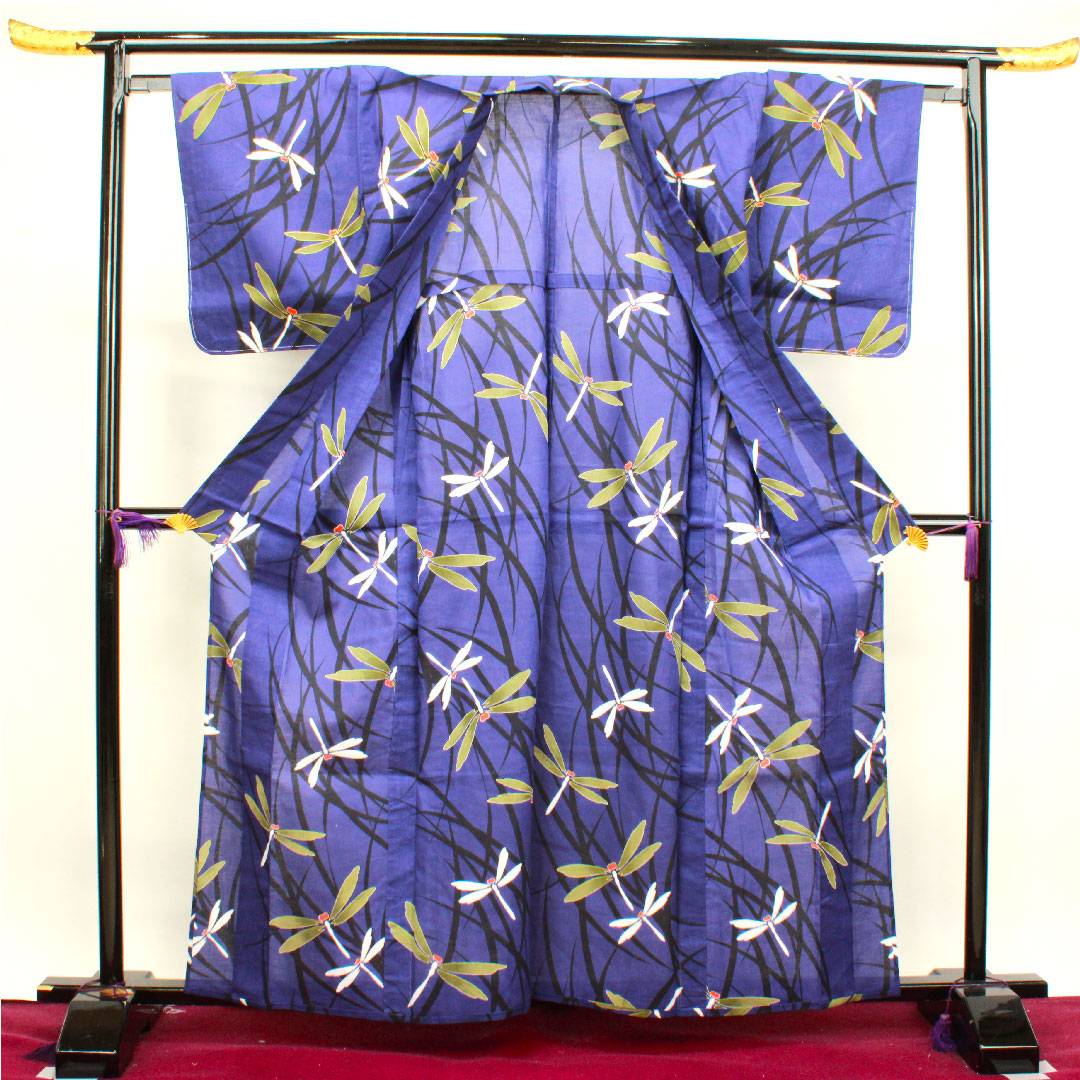Yukata with basting thread, unused, blue-purple, dragonfly, cotton, S rank, single layer, length 162cm, sleeve length 64.5cm, purple, 1118002882420